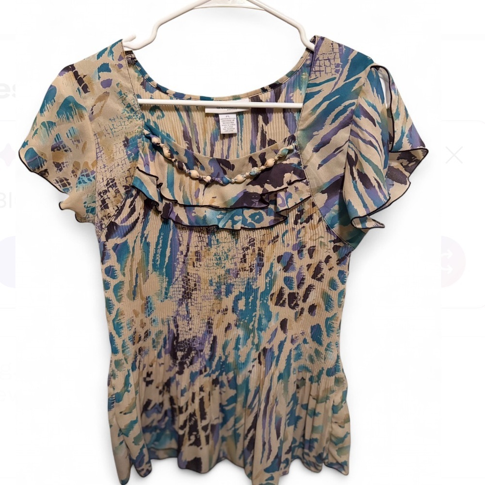 Y2K Dressbarn Blue and Tan Patterned Blouse size large petite